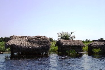Pictured are thatched huts in the water along the shores of Lake Mai-Ndombe (black water) in western Democratic Republic of the Congo (formerly known as Zaire).  Hard to imagine living in such a dwelling!  These huts might belong to the Lake's "ferry minders". Photo by J. Claeys Bouuaert.  Used courtesy of the GNU Free Documentation 1.2 License. (http://commons.wikimedia.org/wiki/File:Maindombe3.JPG)
